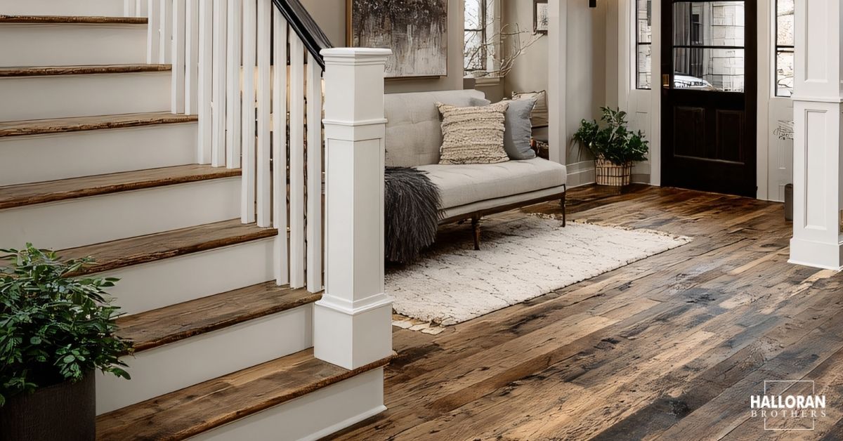 custom wood staircase with white trim work - Halloran Brothers millwork