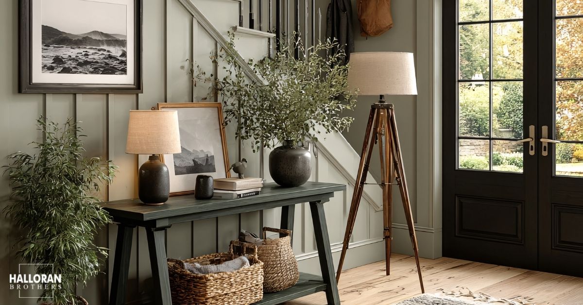 modern entry way with a custom staircase - Halloran Brothers millwork