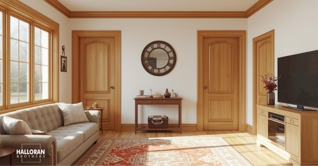 90s inspired living room with honey oak trim work - Halloran Brothers millwork