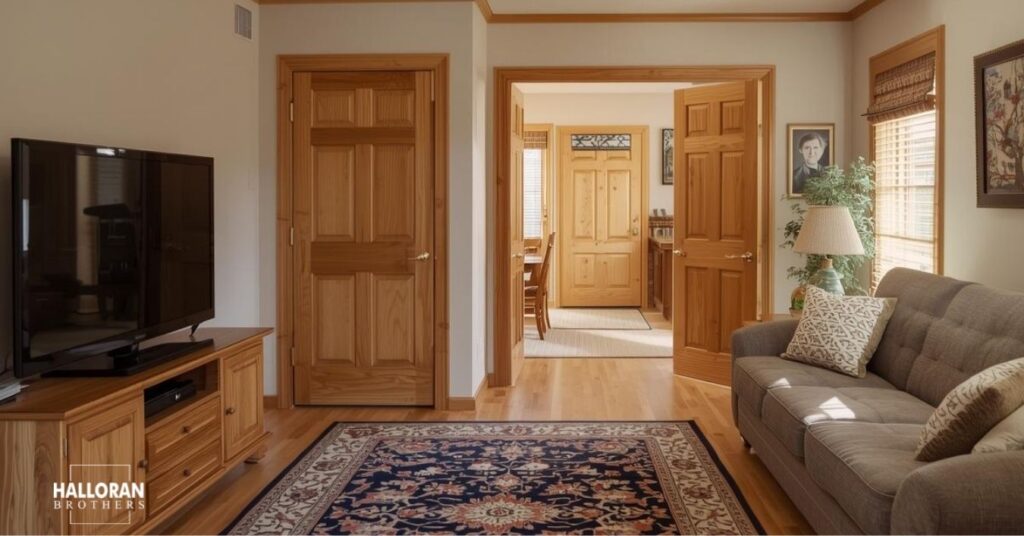 90s inspired living room with honey oak trim work - Halloran Brothers millwork
